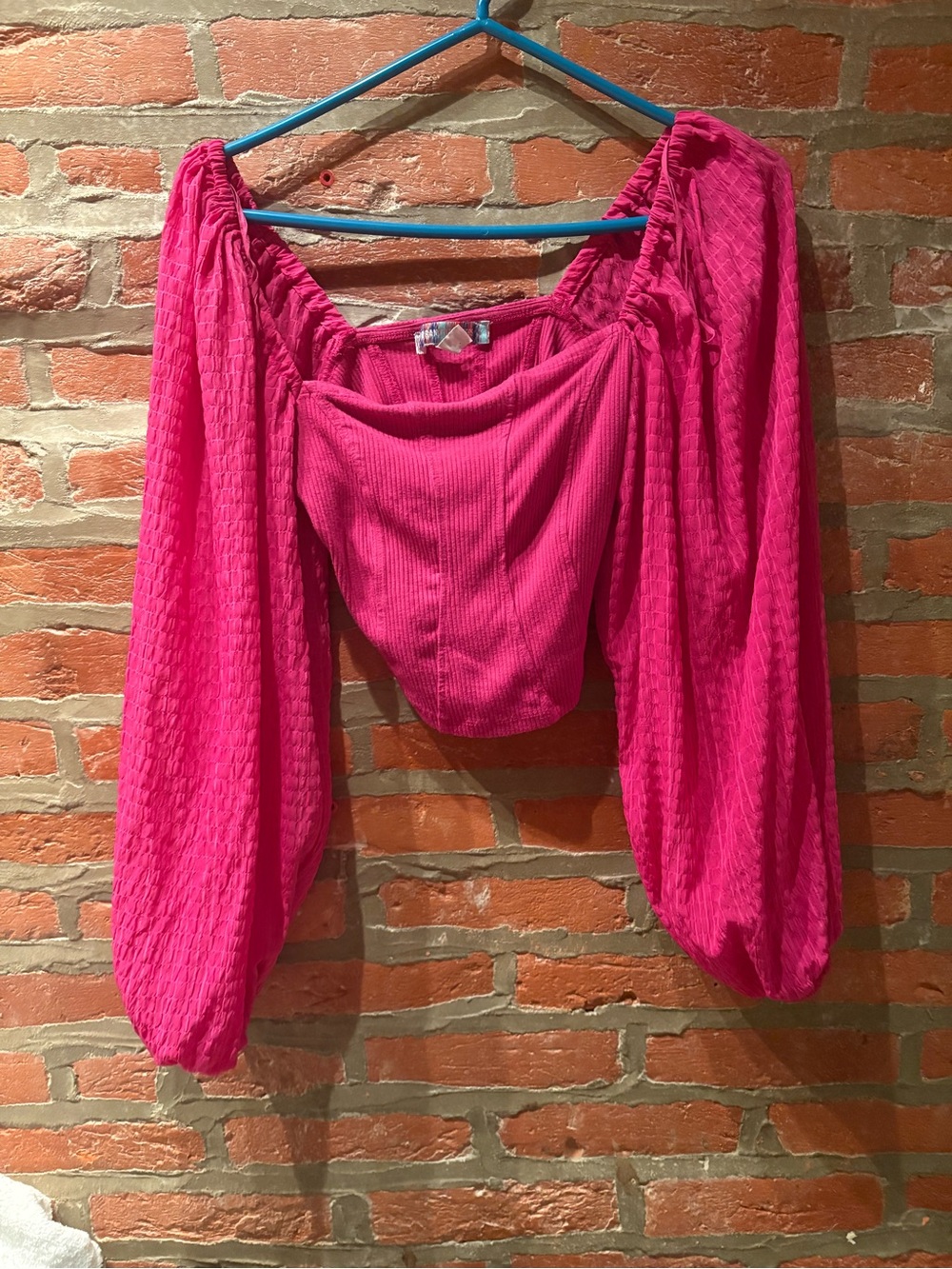 Urban Outfitters Fuchsia Off-Shoulder Puff Sleeve Crop Top